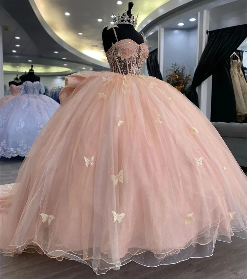 

Pink Princess Quinceanera Dresses Ball Gown Spaghetti Straps Tulle Floral Sweet 16 Dresses 15 Años Custom