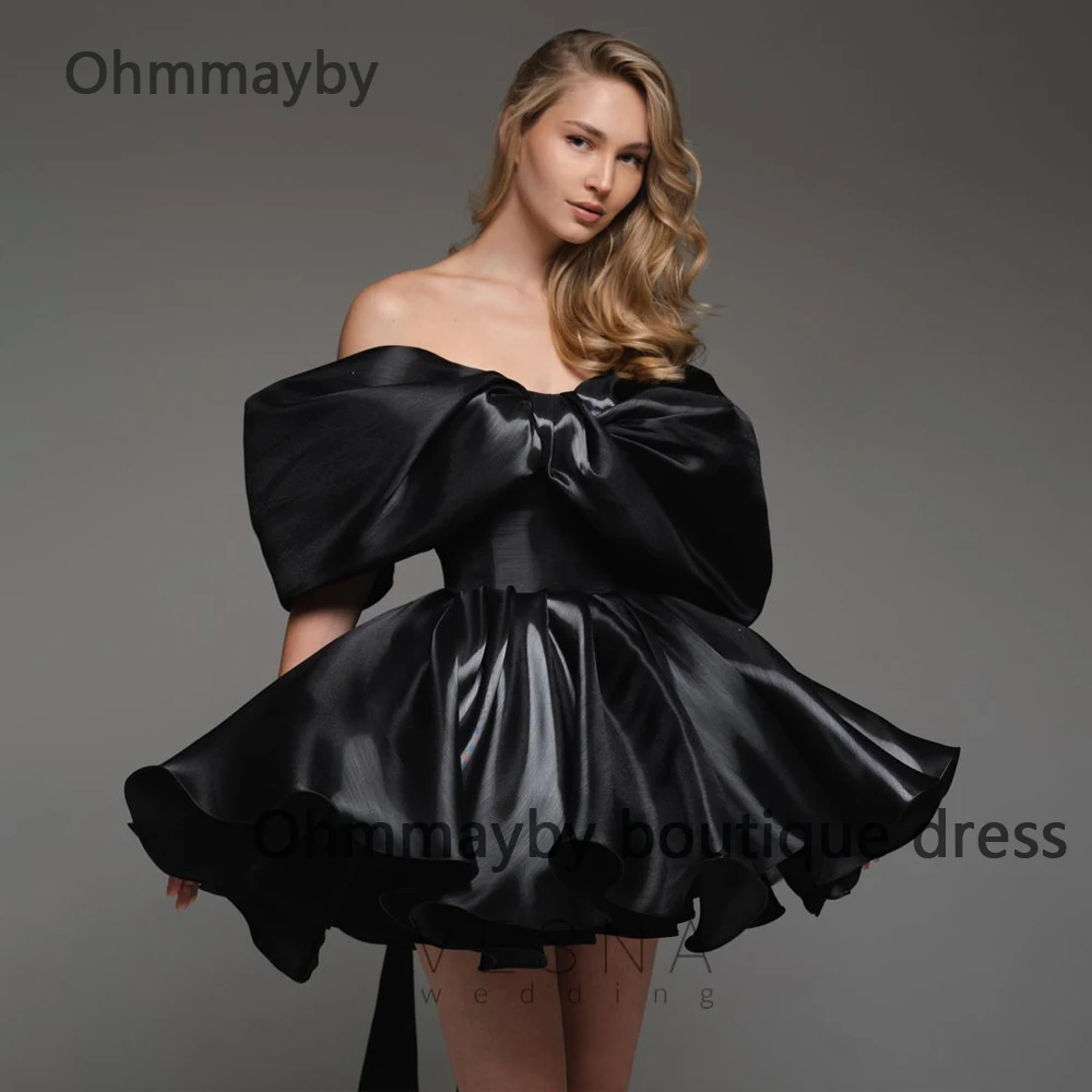 

Black Short Homecoming Dresses Off Shoulder A Line Prom Party Dress for Women Sparkly Satin Puffy Graduation Evening Gowns