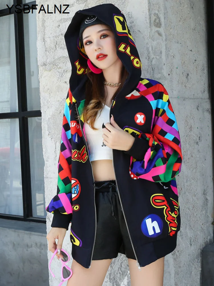 

2023 Spring Rainbow Color Letter Print Hooded Outerwear Autumn High Quality Women Long Sleeve Loose Zipper Cardigan Jacket Coats