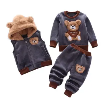 Baby Boys And Girls Clothing Set Tricken Fleece Children Hooded Outerwear Tops Pants 3PCS Outfits Kids Toddler Warm Costume Suit 1