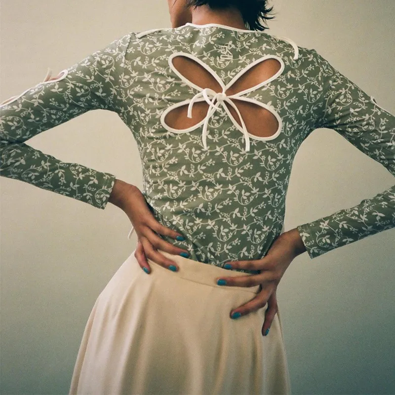

Sweet Round Neck Floral Blouse Women Bow Knot Hollow Lace Elegant Slim Long-sleeved Bottoming T-shirt Y2K Blouse Graphic Top