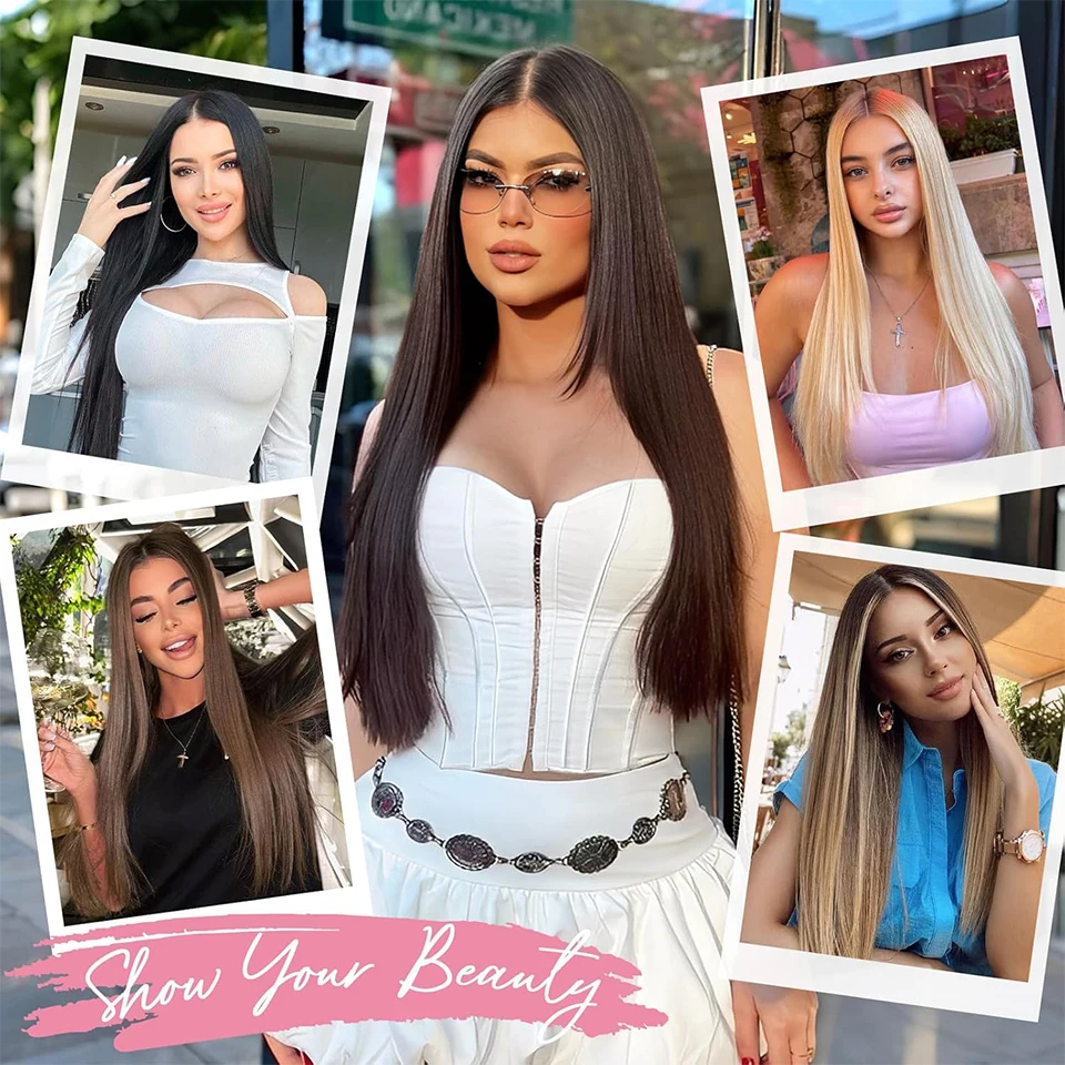 14inch Synthetic Wig Four-Piece Straight Hair Extension Wig BB Clip Style Suitable  For Women Christmas New Year Carnival Music