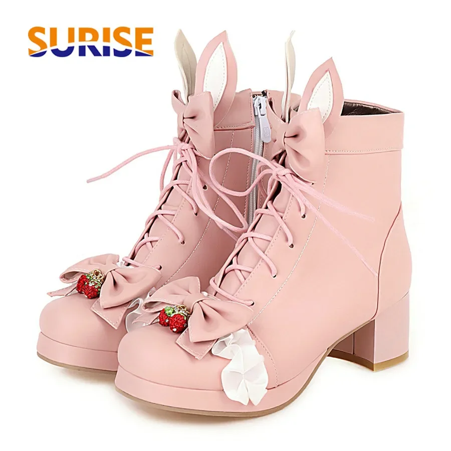 

Sweet Princess Lolita Ankle Boots Women Pink Bowtie Rabbit Party Cosplay Lady Winter Plush Cute Japanese Girl Zipper Short Boots