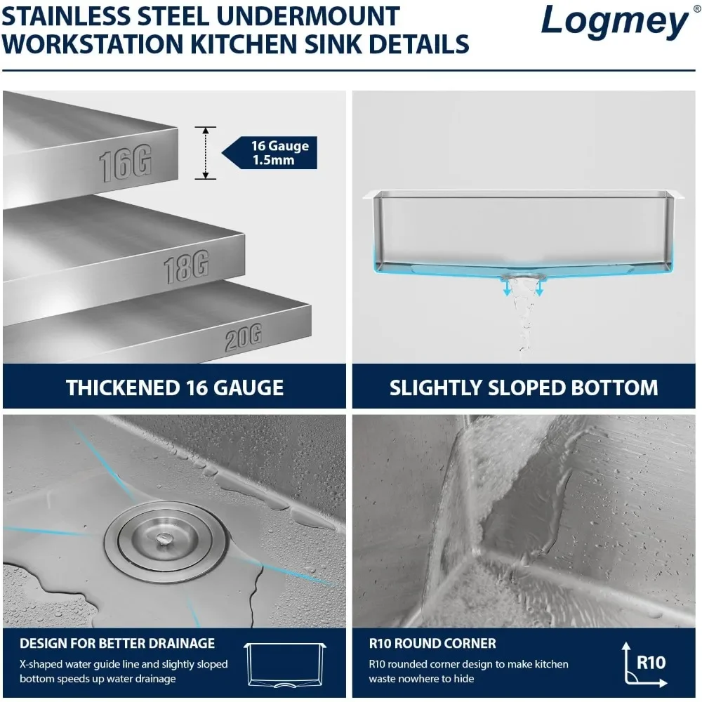 NEW-33" Undermount Kitchen Sink - 33 Inch Undermount Sink Workstation SUS304 16 Gauge Stainless Steel Under Counter Single Bowl