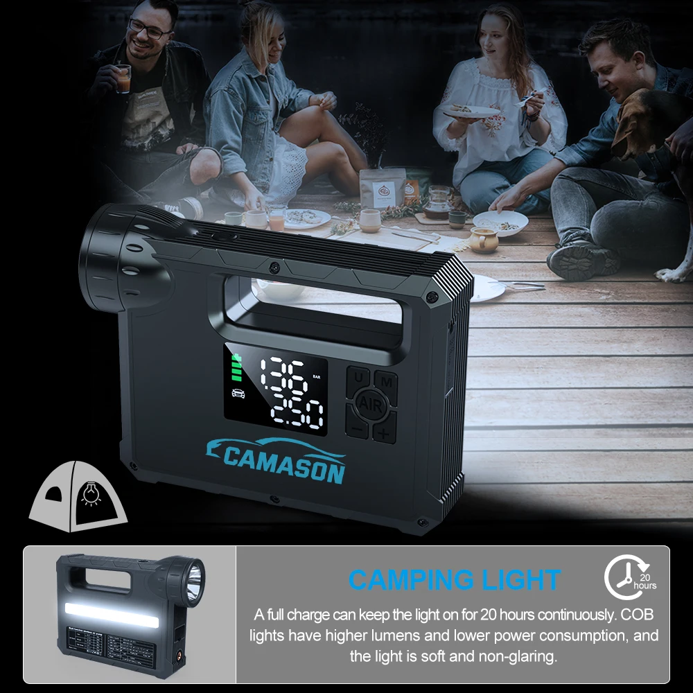 Camping Flashlight Rechargeable Lamp Camp Tent Air Compressor Car Tyre Air Pump Jump Starter Lantern Torch light