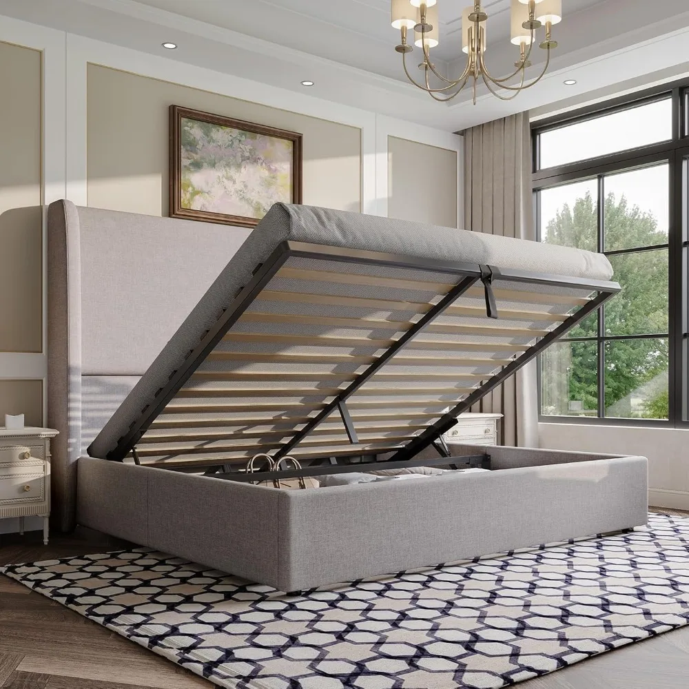 Lift Up Storage Bed Queen Size Linen Upholstered Platform Bed Frame, No Box Spring Needed, Mattresses 2