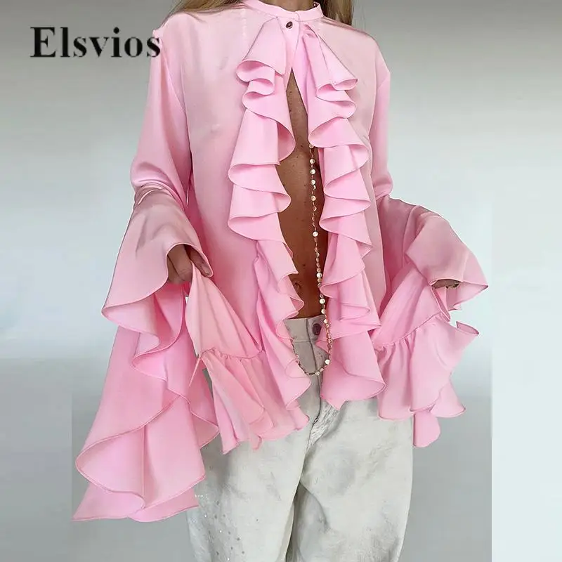 

2024 Elegant Flare Sleeve Loose Women Shirt Casual Solid Lady O Neck Cardigan Tops Blusa Irregulare Ruffle Design Fashion Blouse