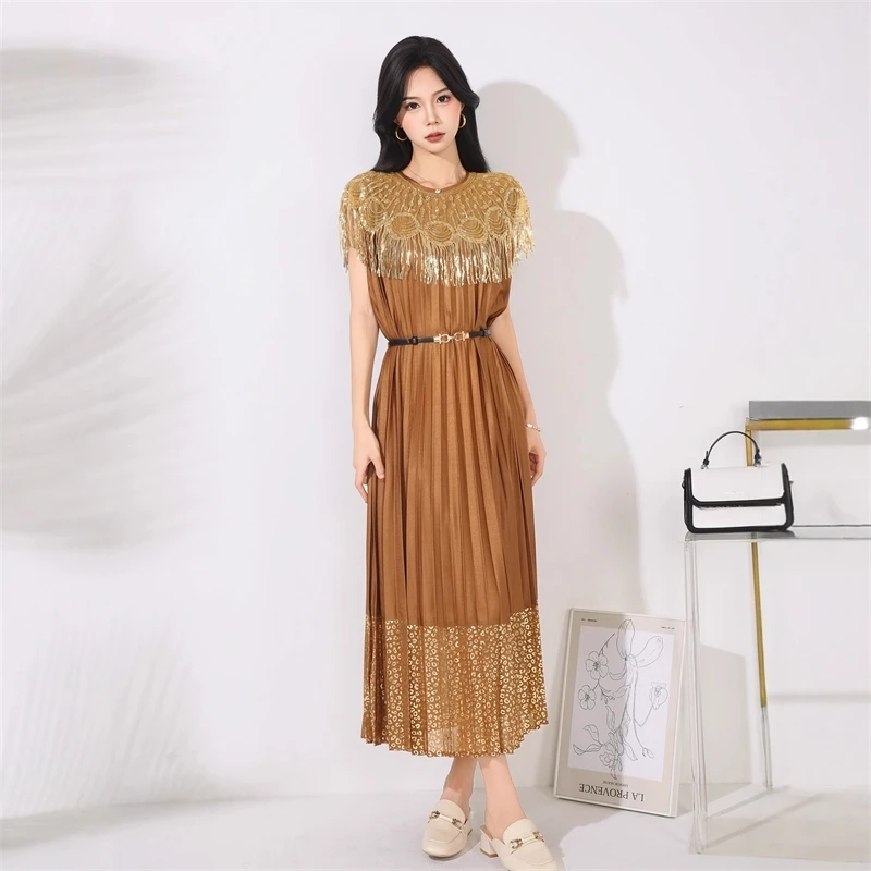LANMREM High Quality Embroidery Beaded Round Neck Pleated Women's Dress Short Sleeve Tassel Gold Foil Printing Famale Clothing - Image 3