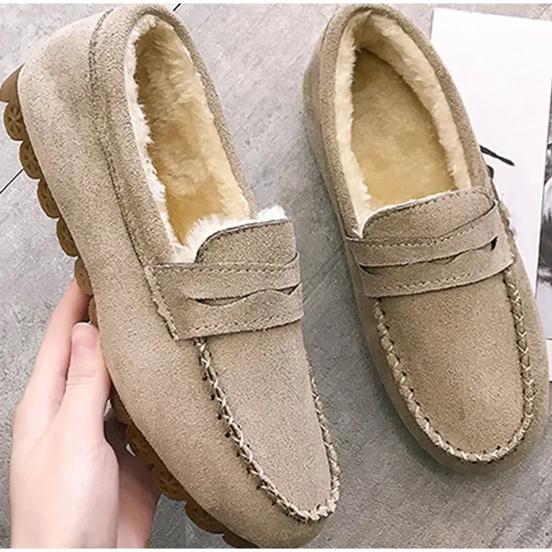 Winter Women Shoes Short Plush Outdoor Sewing Slip-On Casual Ladies Non-Slip Bottom Moccasins Female Comfortable Flats Loafers