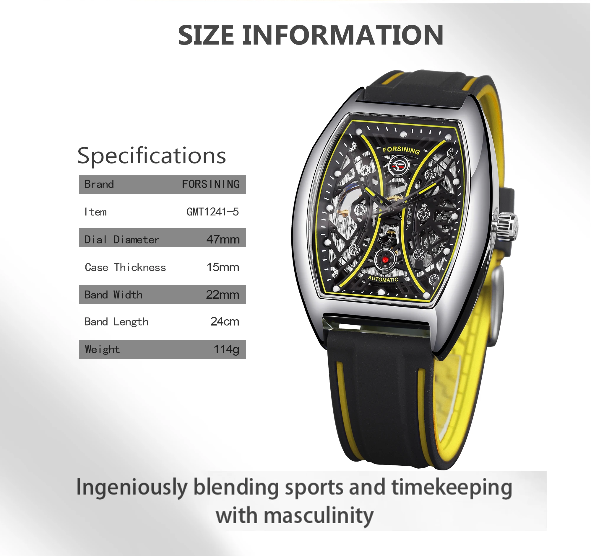 Forsining Skelett-Armbanduhr mit automatischem Aufzug, Gelb/Silber, für Herren, mechanisch, Militäruhr, rechteckig, für Herren, automatische Uhren_voghion.com