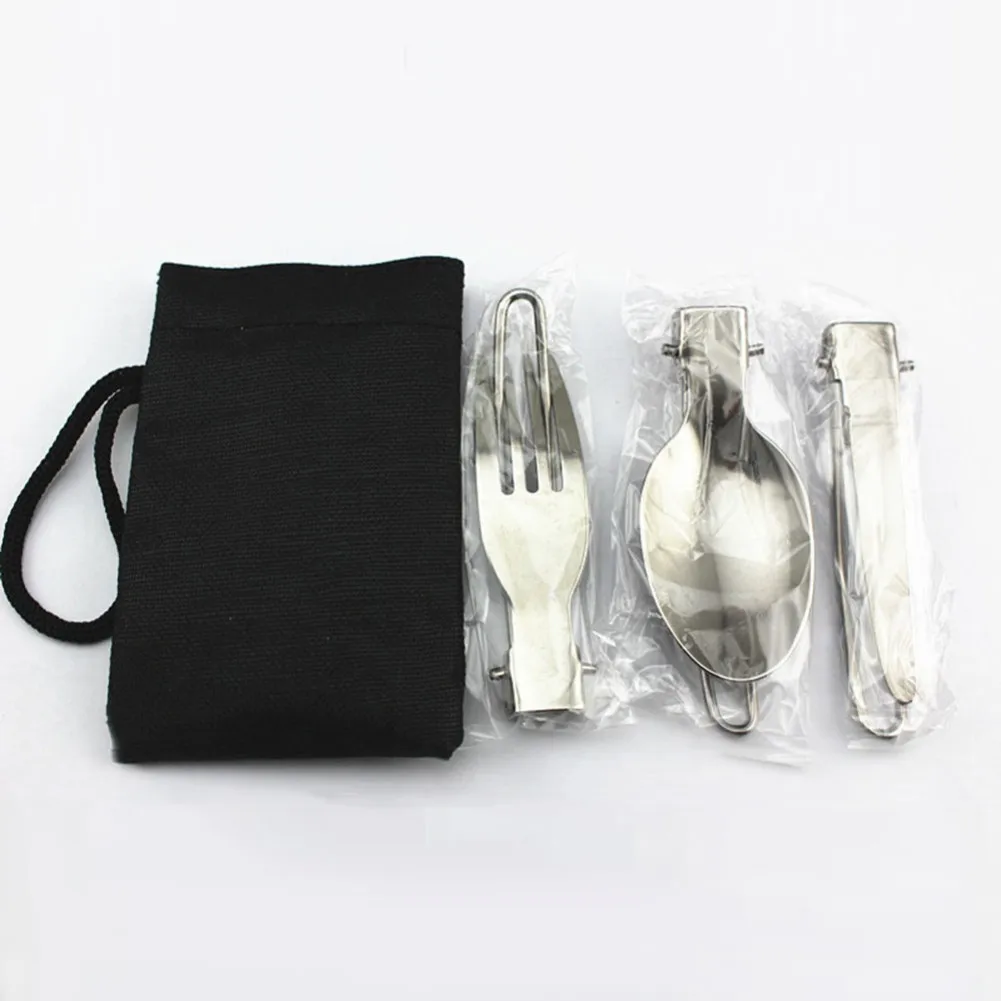 

Foldable Stainless Steel Cutlery Set Camping Spoon Fork Flatware Outdoor Hiking Picnic Utensil Kit With Storage Bag Eating Equip