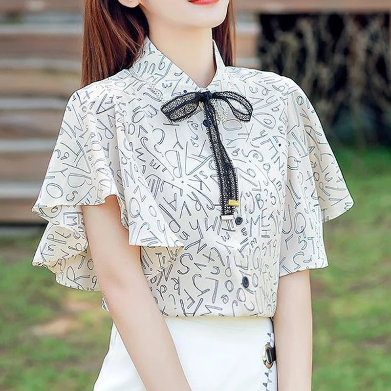

Summer New Short Sleeve Chiffon Blouse Printing Bow Patchwork All-match Loose Elegant Shirt Tops Fashion Office Women Clothing