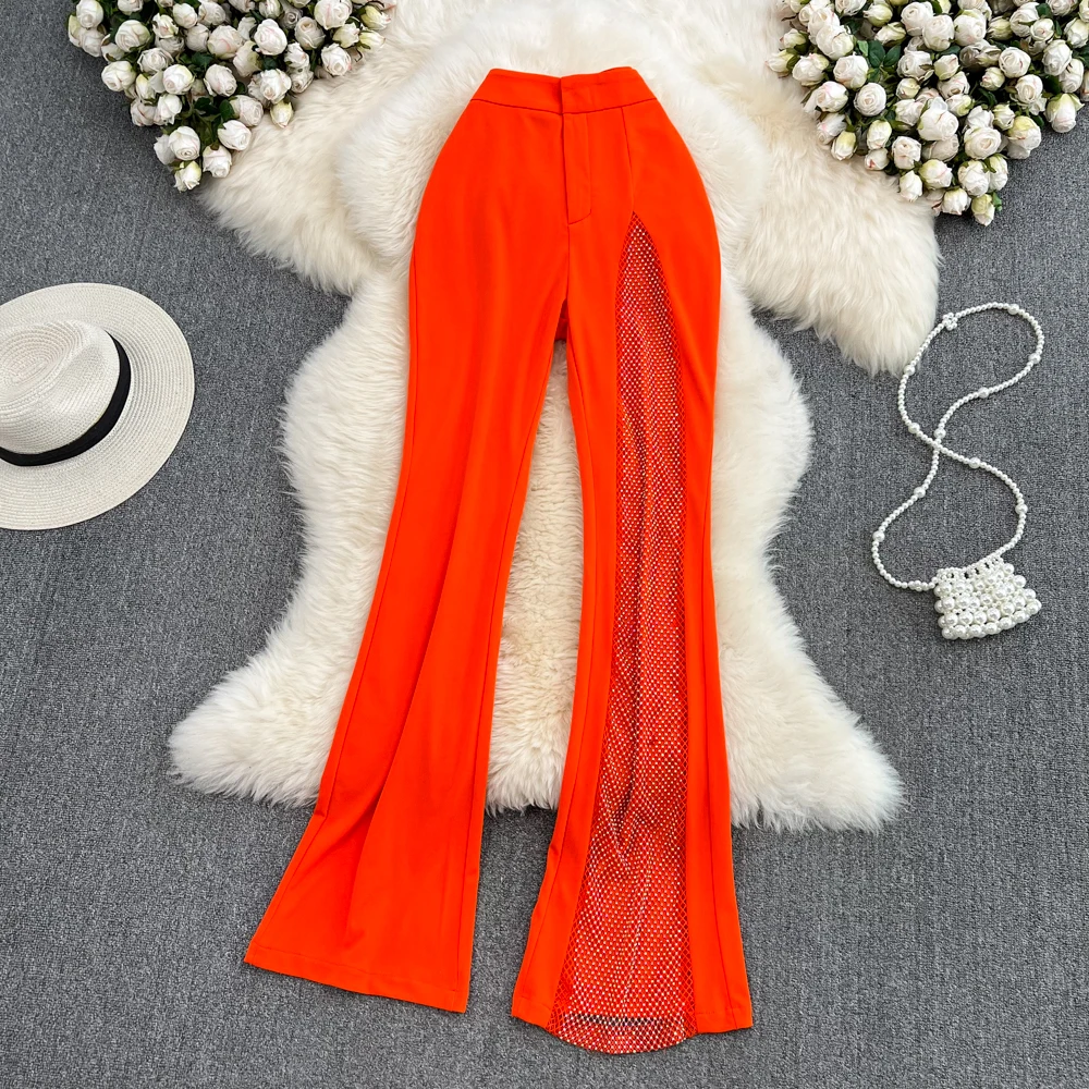 

2022 Summer Straight High-waisted Slim Drape See-through Sparkling Sequin Stitching Slit Flared Pants