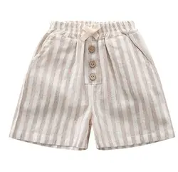 Vintage Linen Cotton Striped Baby Shorts with Button Pocket Design - 12-18 Months (Beige)
