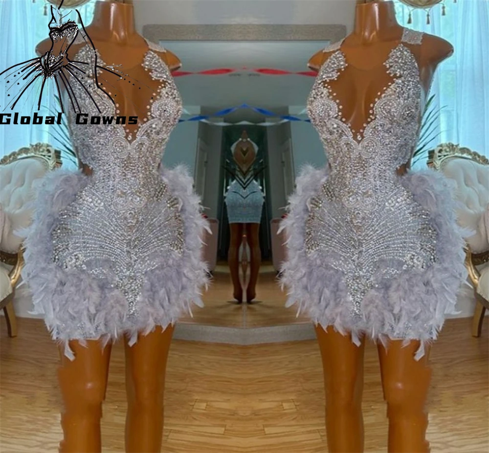 

Sexy Silver Sequined O Neck Short Prom Dress For Black Girls 2023 Beaded Crystal Feathers Birthday Party Dresses Mini Cocktail