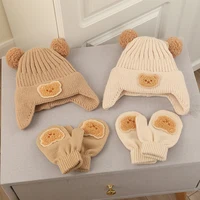 Bear Baby Winter Hat Gloves Set Pompom Infant Bonnet Knitted Kids Beanie with Earflaps Toddler Cap Baby Accessories 1-3Y 1