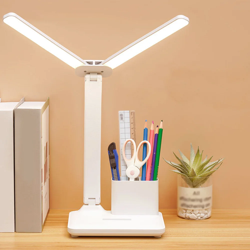 

Double Head LED Table Lamp with Pen Holder Rechargeable Desk Light Foldable Reading Lamp Book Light Touch Dimming Bedside Light