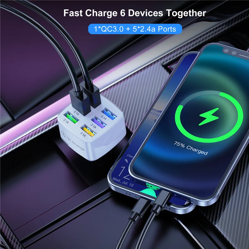 USLION 75W Car Charger Quick Charge 3.0 15A 6 Ports USB Charger For iPhone 13 12 Pro Samsung Xiaomi Huawei Mobile Phone Charger