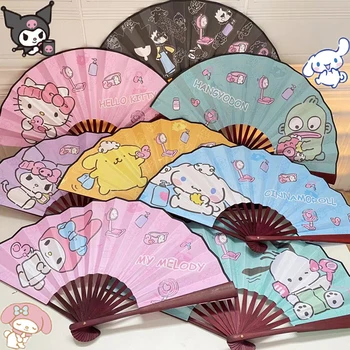Sanrios Cinnamoroll Kuromi Mymelody kawaii 애니메이션 만화 접는 팬, 나무 대나무 여름 학생 접는 팬 장식 미술 공예