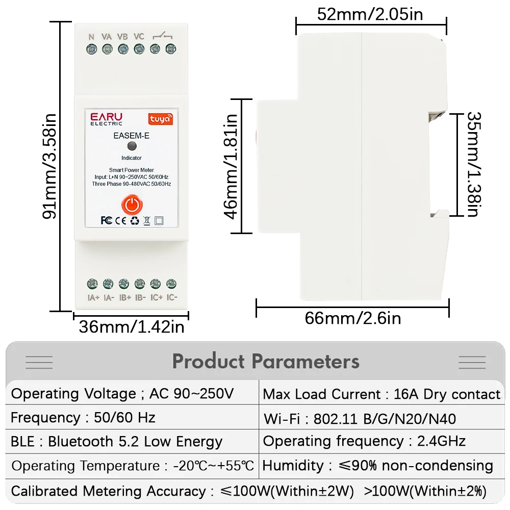 TUYA WiFi Smart Three Phase AC90-480V Bi-Directional Measurement Power Energy kW