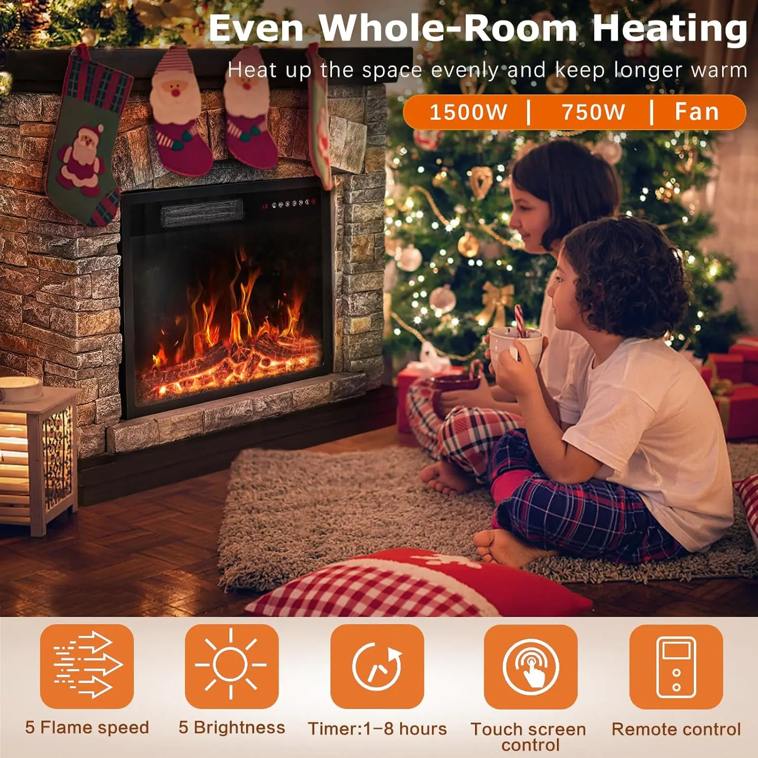 Electric Fireplace with Mantel,Freestanding Stone Fireplace Heater TV Stand with Remote Control, Realistic Flame Effect &3D Log 2