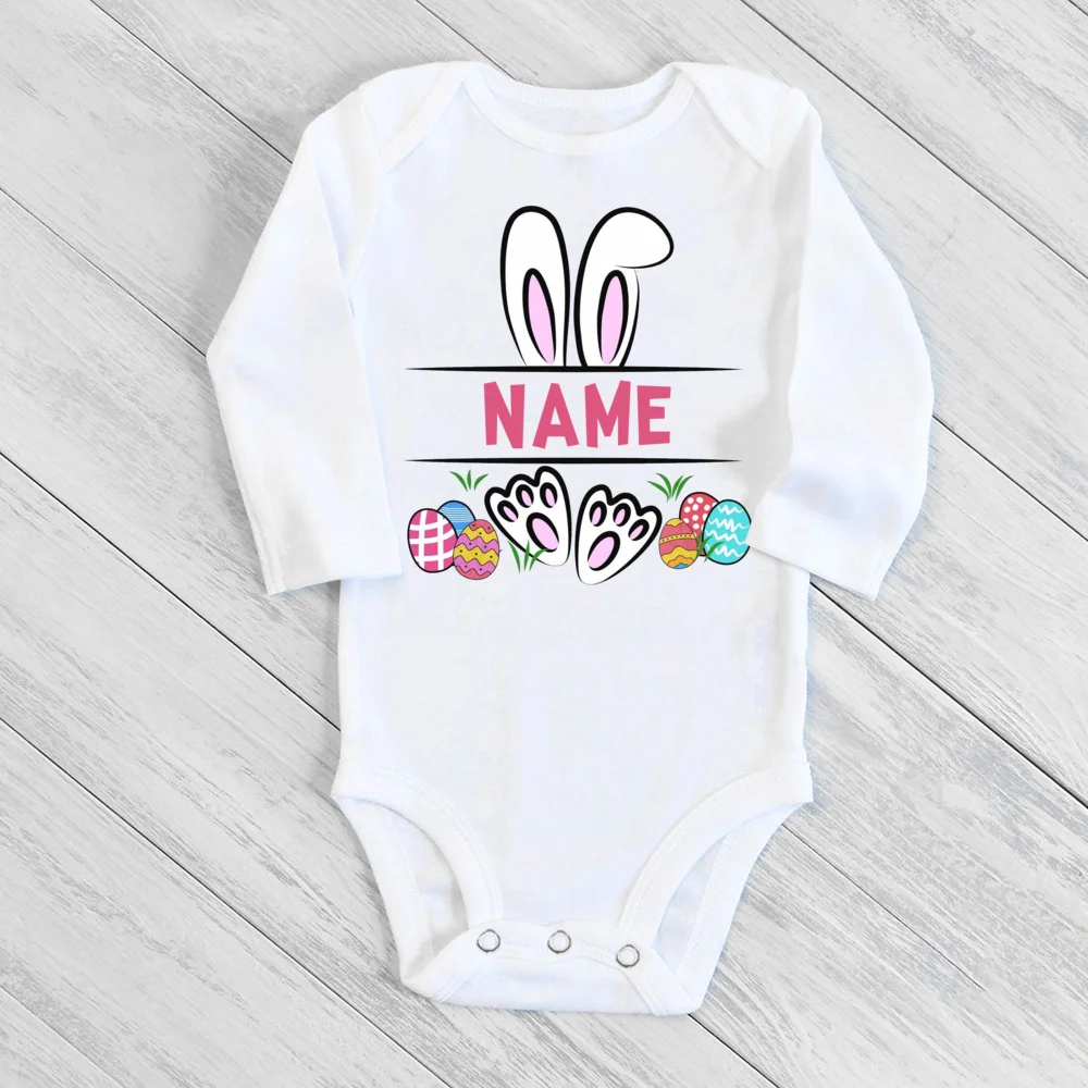 Personalized Easter Baby Romper Bunny with Name Infant Outfit Bodysuit Boys Girls Holiday Party Jumpsuit Bunny Newborn Rompers 6