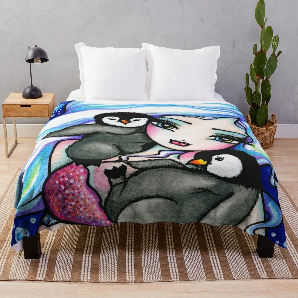 Frosty Mermaid With Baby Penguin Friends Stravagante Fantasy Art Throw Coperta Designer Furrys Nap Coperte