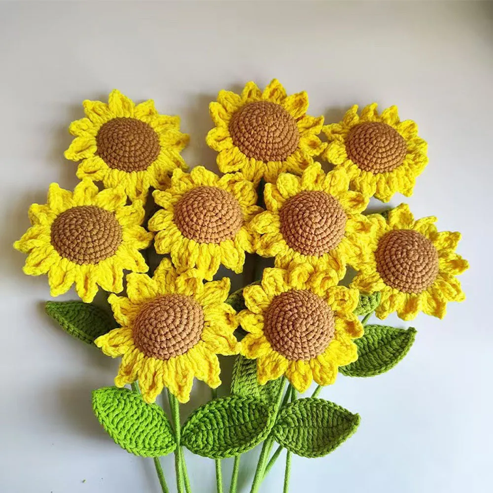 Finished Handmade Crochet Artificial Flowers For Living Room Decor Crochet Yellow Sunflowers Kintted Pink & white Lily Flowers