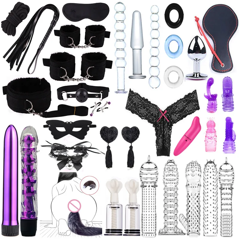 Bondage Set Juegos De Cama Adultos Esposas Pinzas Para Pezones Látigo  Nalgadas Anal Plug Vibrador SM Kits Juguetes Sexuales Para Parejas Erótico  50% Venta En Línea Barata De 19,38 €