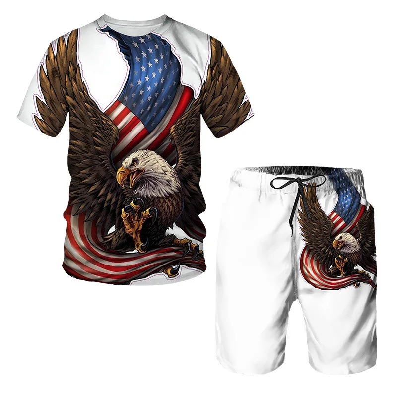thumbnail image 1 of Nuevo conjunto de verano de manga corta con estampado 3D de águila del Día de la Independencia con relámpagos y arcoíris, conjunto de pantalones de playa de manga corta, 1 of 4