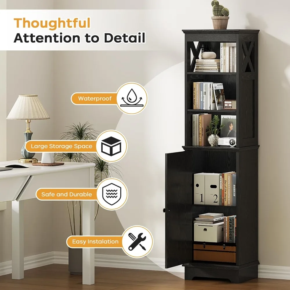 Farmhouse Tall Narrow Storage Cabinet with Door & Shelves, Freestanding Organizer for Bathroom Kitchen