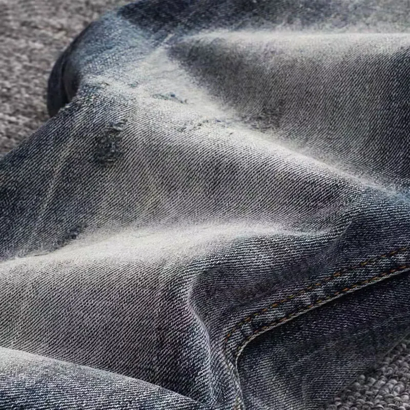 Fashion Streetwear Men Jeans High Quality Retro Washed Blue Elastic Slim Fit Ripped Jeans Men Vintage Designer Denim Pants Homme