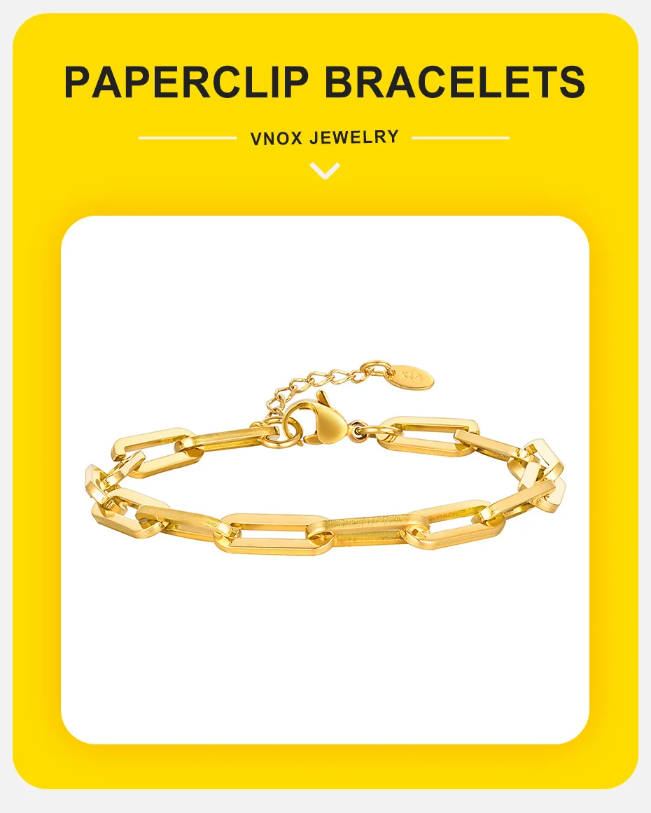 Vnox Büroklammer-Kettenarmbänder, Edelstahlschmuck für Frauen und Mädchen, goldfarbene klassische rechteckige ovale Schwanzarmbänder für den Alltag – Detail 2