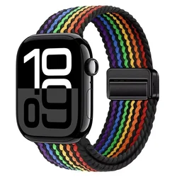 Nylon Braided Adjustable Strap for Apple Watch - Durable and Stylish Watch Band Accessory (Black rainbow)