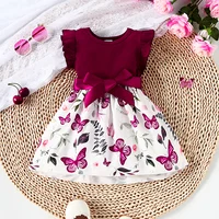 Baby Girl Butterfly and Plant Print Ruffle Sleeve Belt Dress 1
