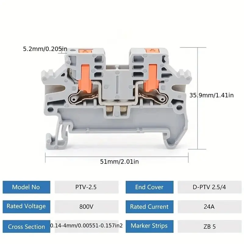 PTV 2.5 DIN 레일 터미널 블록 측면 입구 푸시 인 연결 케이블 와이어링 전선 커넥터, 2.5mm ² 26-12AWG, 10 개