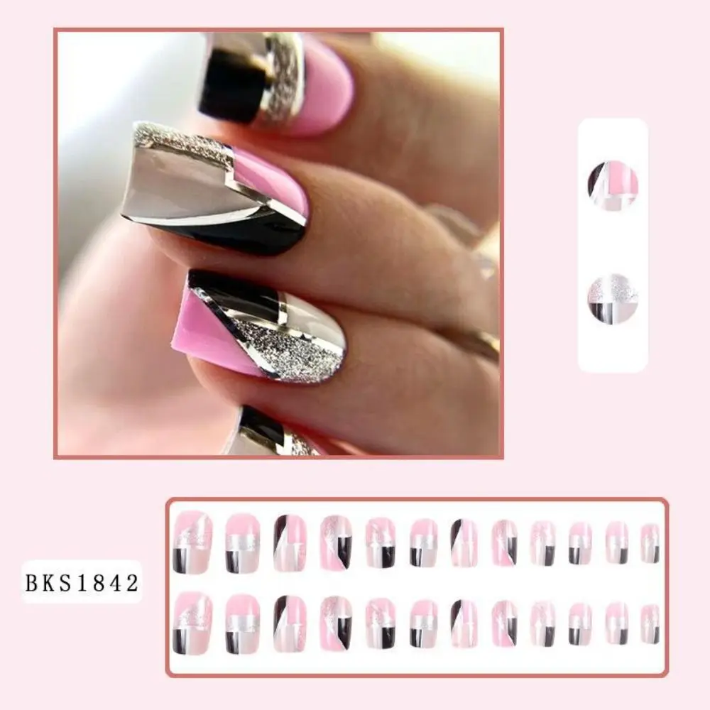 Description Picture 5 of itemMedium Length Fake Nails Square Head French False Nail Tips Press On Nails Black Diamond Glitter Waterproof Faux Fingernails
