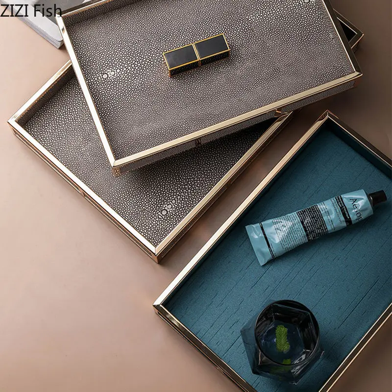 

Gold Plated Leather Storage Tray Jewelry Earrings Organizer Trays Decorative Dresser Table Desktop Skin Care Cosmetics Container