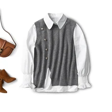 

2022 New 2 Piece Set Wool Blend Sweater Vest Crop +white Cotton Long Sleeve Shirt Button Solid Sleeveless Sweater for Women