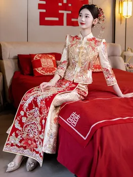 Champagne-colored new Chinese-style wedding dress for toasting and heavy-duty attire