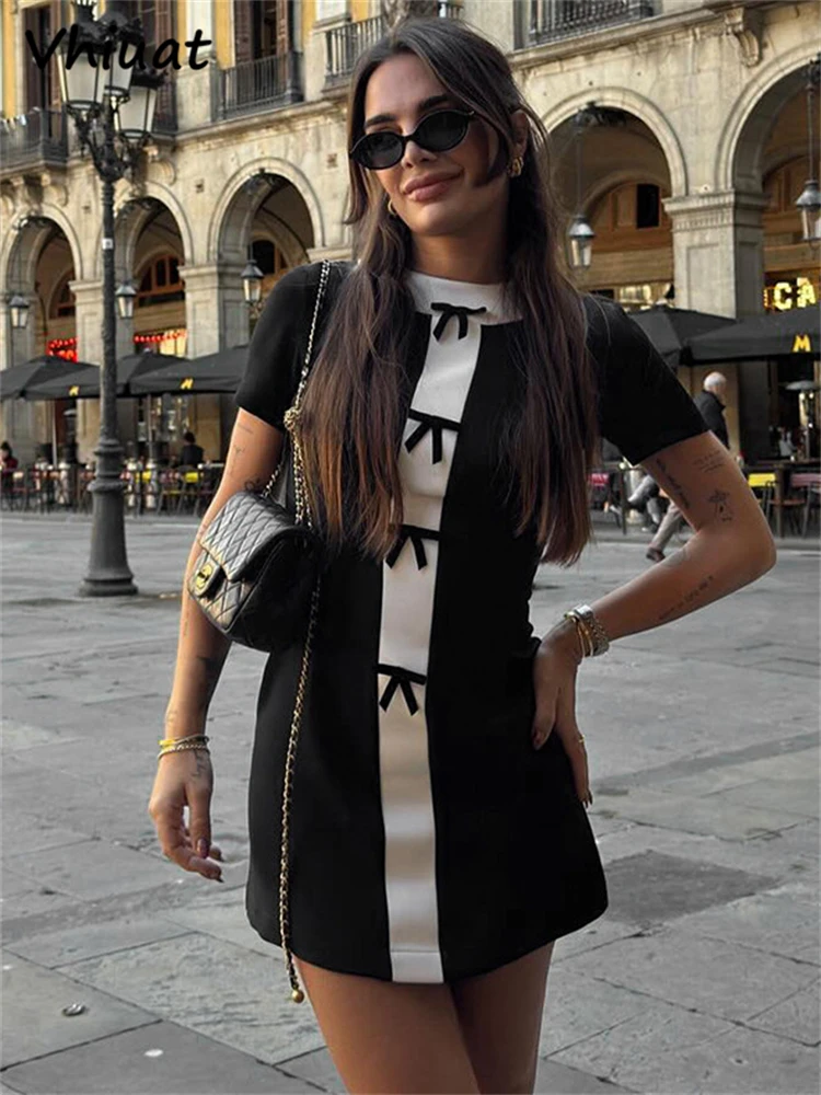 

Vhiuat Bow Patchwork Fashion Short Sleeve O Neck Bodycon Mini Dress Women Streetwear 2024 Summer Elegant Sexy Dresses Club Party
