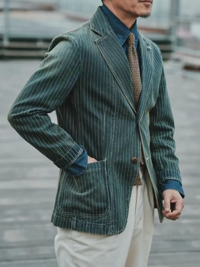 Men's Striped Suit Blazer Notch Lapels Distressed Washed Classic Jacket 4