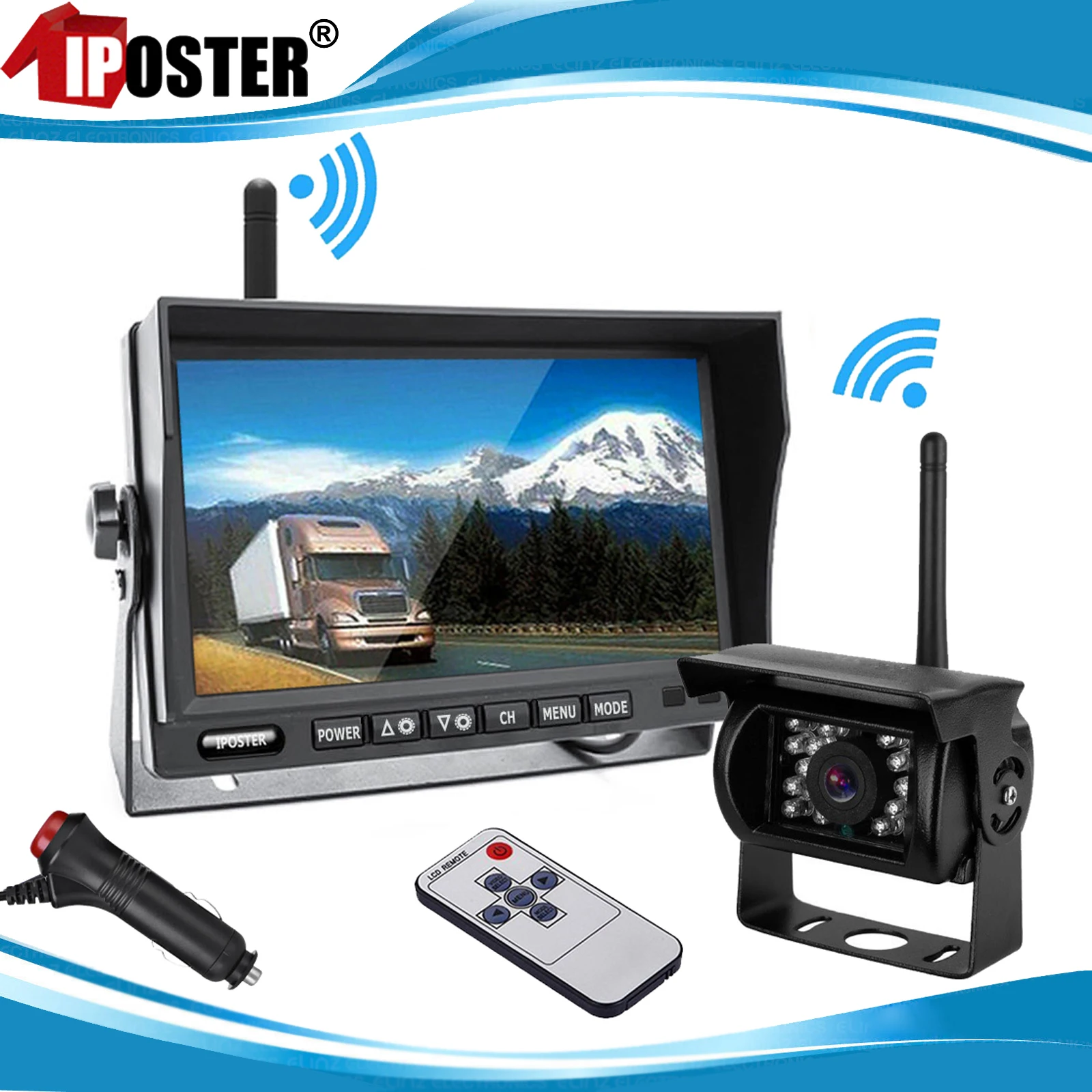 IPoster 무선 모니터 백업 후진 카메라, 야간 투시경, 10m 차량용 방수, 7 인치, 2.4GHz, 12-24V