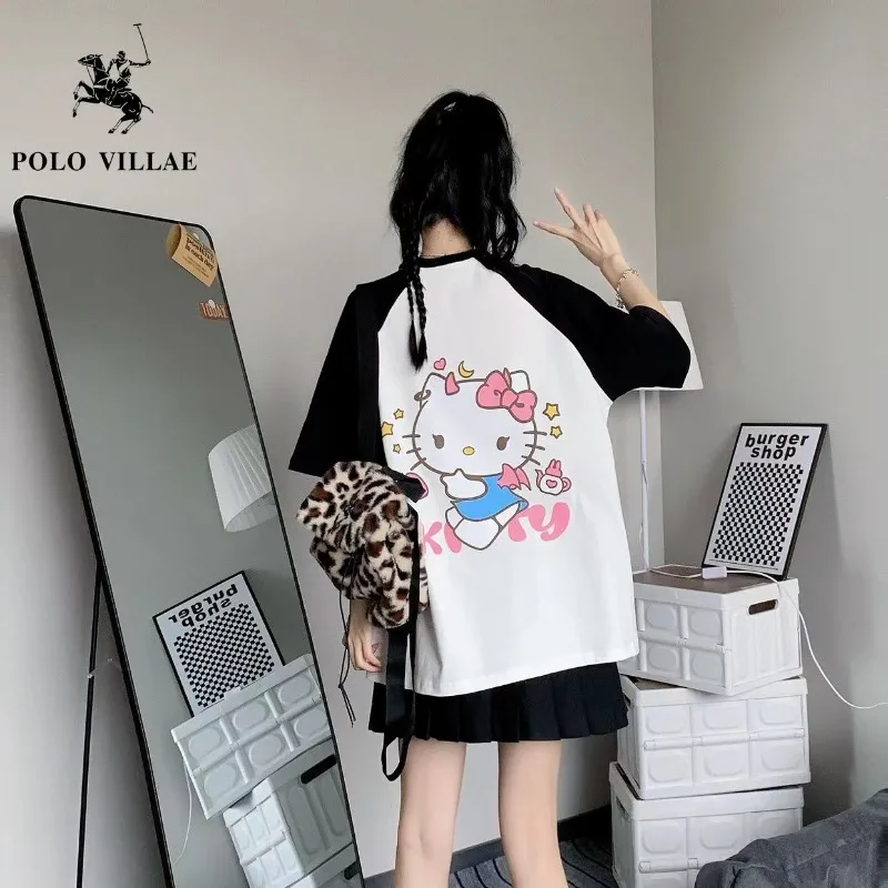 

Sanrios Hellokittys мультфильм хлопок милая девушка короткий рукав Футболка аниме кавайный Повседневный принт Половина рукава свободные милые футболки топы