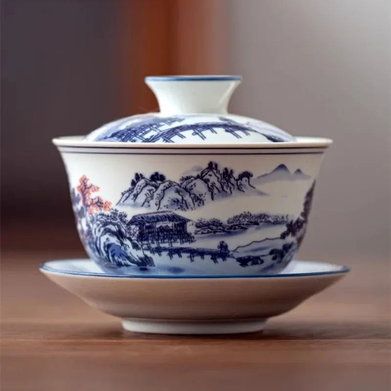 Blue and White Porcelain Sancai Covered Bowl, Single Tea Bowl with Lid, Non Scalding Kungfu Tea Set, Household Ceramic Maker