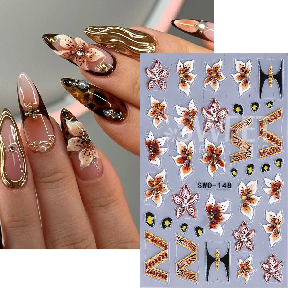 2pcs Embossed Flower Nail Stickers 3D Lily Floral Textured Decals Y2K Gradient Petals DIY Elegant Self-Adhesive Manicure Decor