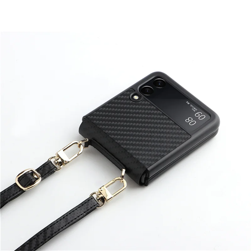 

For Samsung Galaxy Z Flip4 3 5G Crossbody Premium Luxury Leather Carbon Fiber Phone Case For Galaxy Z Flip3 5G Case