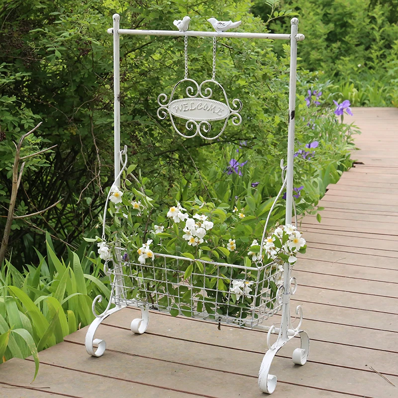 European Style White Flower Rack Wrought Iron Do Old Flower Basket for Garden Balcony Floor Welcome Sign Shop Window Plant Stand