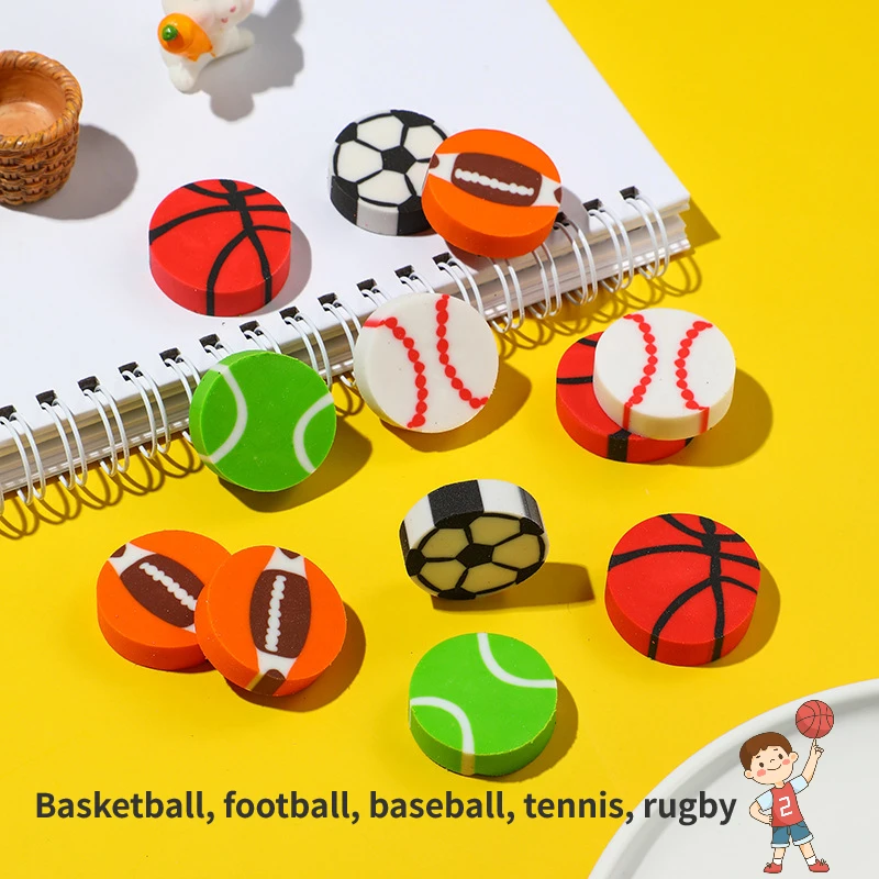 Creative Ball Eraser Cute Cartoon Basketball Football Baseball Tennis Pencil Erasers for Kids School Stationery Gifts 10Pcs/Lot