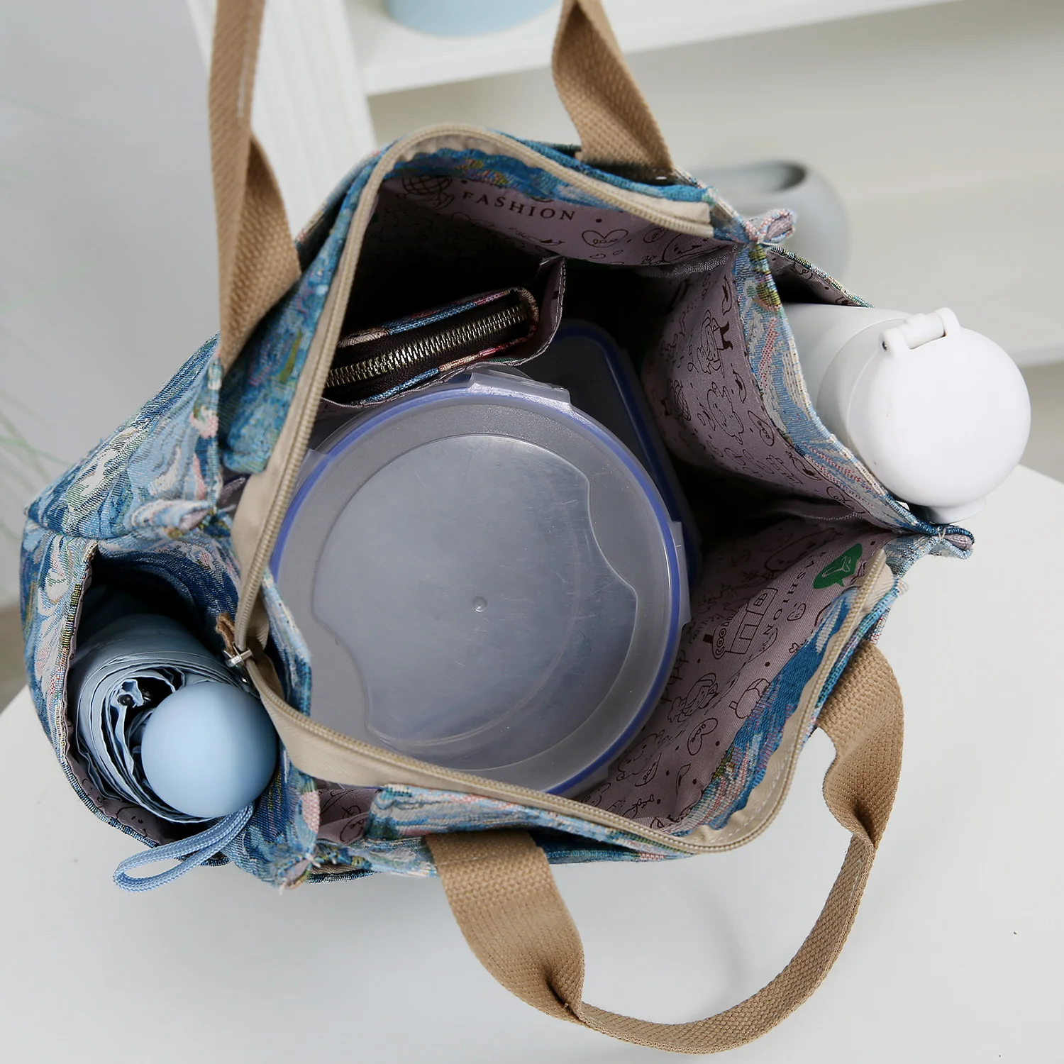 Neue große, dickere Stoffhandtasche, Tragetasche, Einkaufstasche, Allzwecktasche, Lunchbox-Tasche, Bento-Tasche, Blumenmuster – Detail 14